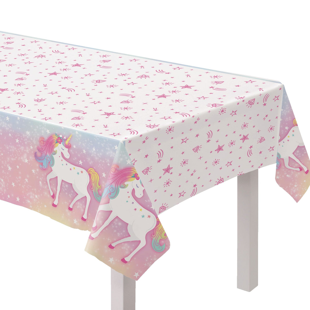 Amscan Unicorn Rectangle Plastic Reusable Table Cover, Pink/White, 54 x 96-in