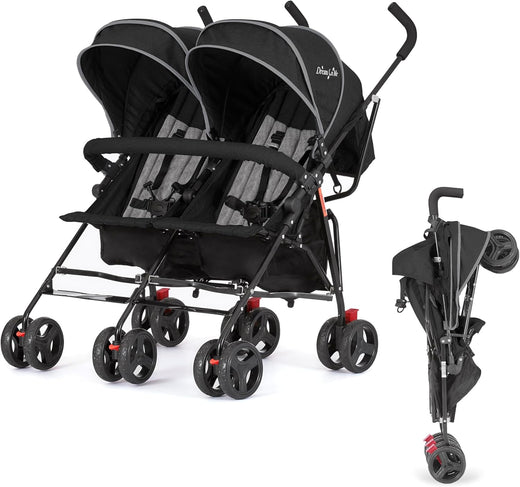 Twin Umbrella Stroller in Black, Lightweight Double Stroller for Infant & Toddler, Compact Easy Fold, Large Storage Basket, Large and Adjustable Canopy