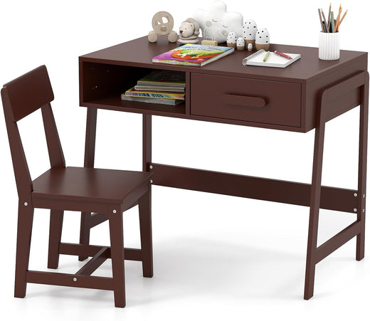 Kids Desk and Chair Set, Wooden Children School Study Table and Chair w/Storage Drawer & Hutch, Student Writing Desk Computer Workstation for Bedroom, Gift for 3 Years Old (White)