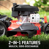 21-inch gas-powered lawn mower, equipped with a 144cc four-stroke all-terrain engine, featuring both crushing and side-discharge functions, with adjustable cutting height ranging from 6 positions. image 2