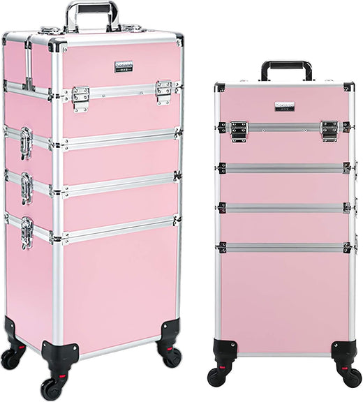 4 in 1 Professional Rolling Aluminum Cosmetic Makeup Train Organizer Storage Case Artist Train Case Salon Beauty Cosmetic Jewelry Organizer Trolley with 4 Wheels (All Black)