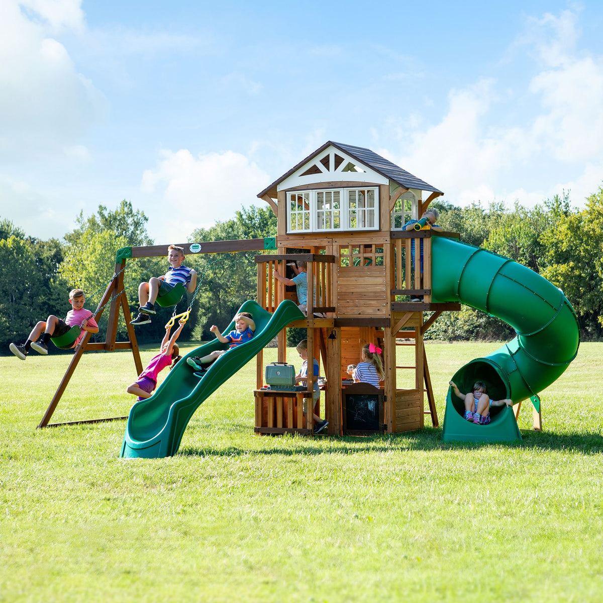 Backyard Discovery Kids' Bristol Point Cedar Wood Swing Set with Swing Beam, Upper & Lower Fort, Rock Wall & Slide Play for up to 11 Kids