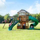 Backyard Discovery Kids' Bristol Point Cedar Wood Swing Set with Swing Beam, Upper & Lower Fort, Rock Wall & Slide Play for up to 11 Kids