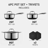 Hybrid Nonstick 6-Piece Pot Set with 2 Silicone Trivets, 2, 3, and 8-Quart Pots with Tempered Glass Lids, Stay-Cool Handles, Dishwasher-Friendly, Induction-Ready, Compatible with All Cooktops image 2