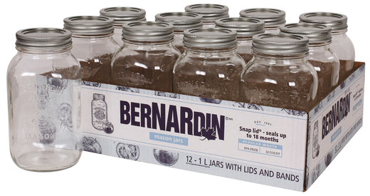 Bernardin Regular Mouth Glass Mason Jars with Lids and Bands, 1 L, 12 Count