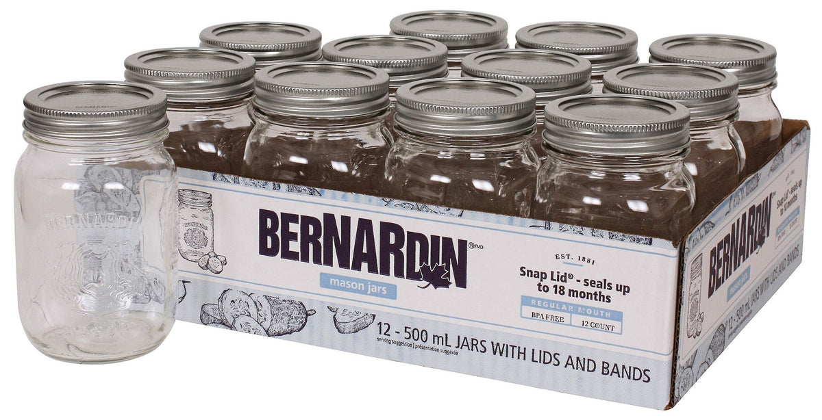 Bernardin Regular Mouth Glass Mason Jars with Snap Lids, 500 mL, 12 Count