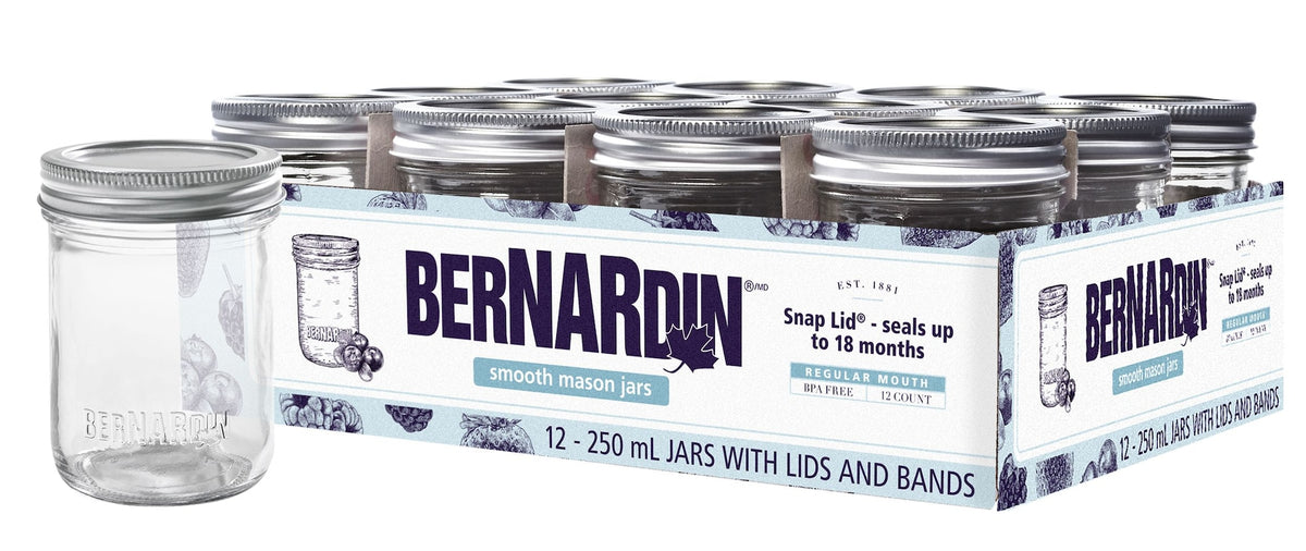 Bernardin Regular Mouth Smooth Glass Mason Jars with Snap Lids, 250 mL, 12 Count