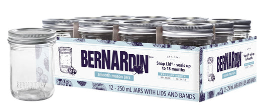 Bernardin Regular Mouth Smooth Glass Mason Jars with Snap Lids, 250 mL, 12 Count