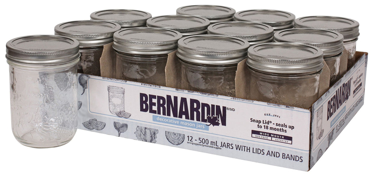 Bernardin Wide Mouth Decorative Glass Mason Jars with Snap Lids, 500 mL, 12 Count