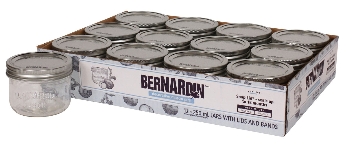 Bernardin Wide Mouth Decorative Glass Mason Jars with Snap Lids and Bands, 250 mL, 12 Count