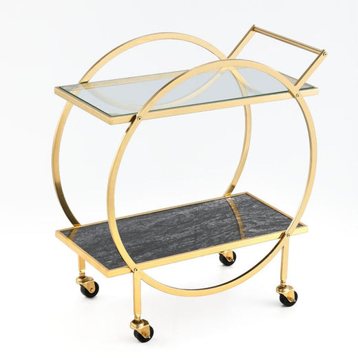 Brassex Zara 2-Tier Circular Rolling Bar Storage Cart with Mirrored Top, Gold