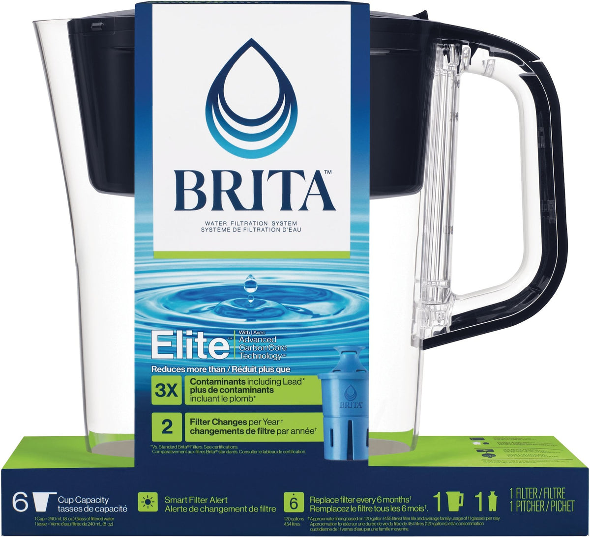 Brita Denali Water Filter Pitcher with Elite Filter, BPA Free, 6 Cup, Black