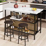 Kitchen Island with Seating & Storage Shelf, Faux Marble Island Table for Kitchen, Modern Bar Table and Chairs Set for 2,Dining Table Set for Small Space,White image 2