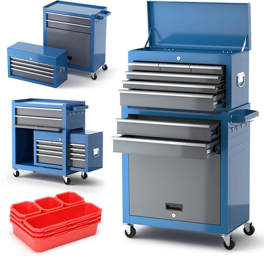 Tool Chest 8-Drawer | 42'' Large Rolling Tool Chest with Wheels | Detachable Top Metal Tool Box | Garage Storage Cabinet for Repair Room,storage area | Rolling Tool Box with Hooks,Liners,Tray Divider