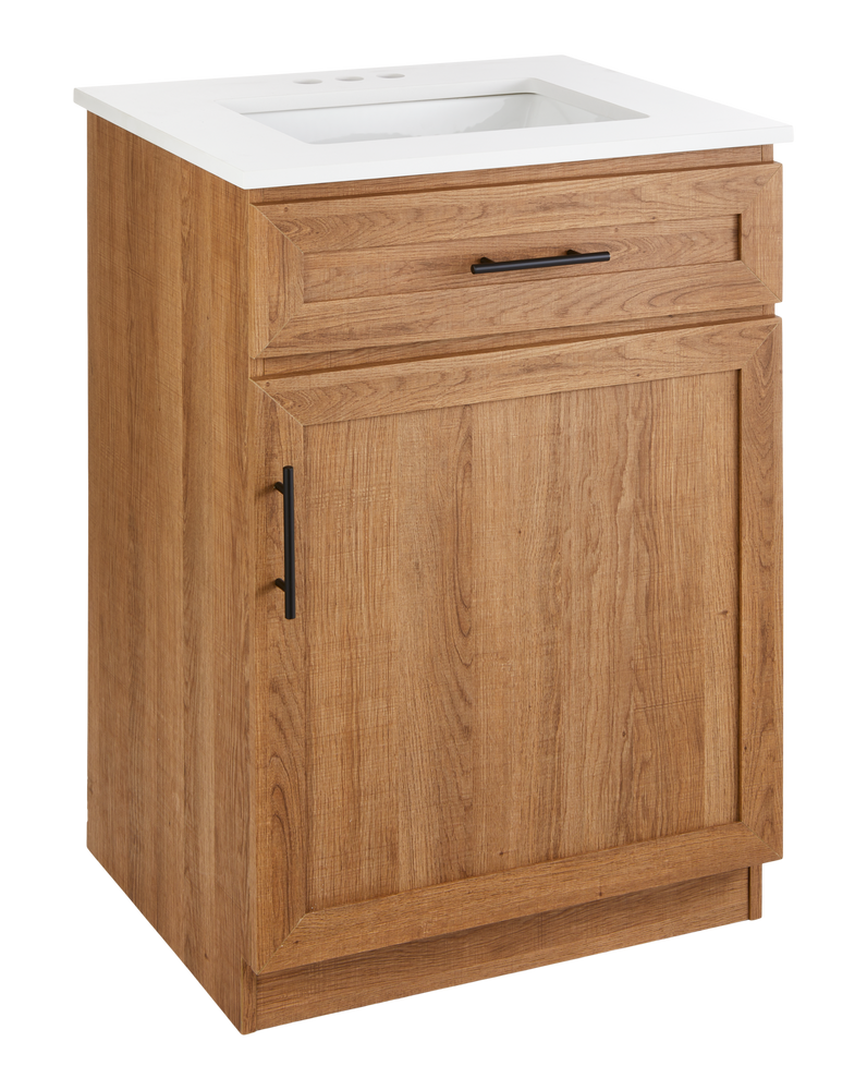 CANVAS Danville Single Door Single Sink Stone Top Bathroom Vanity, Honey Oak, 24-in
