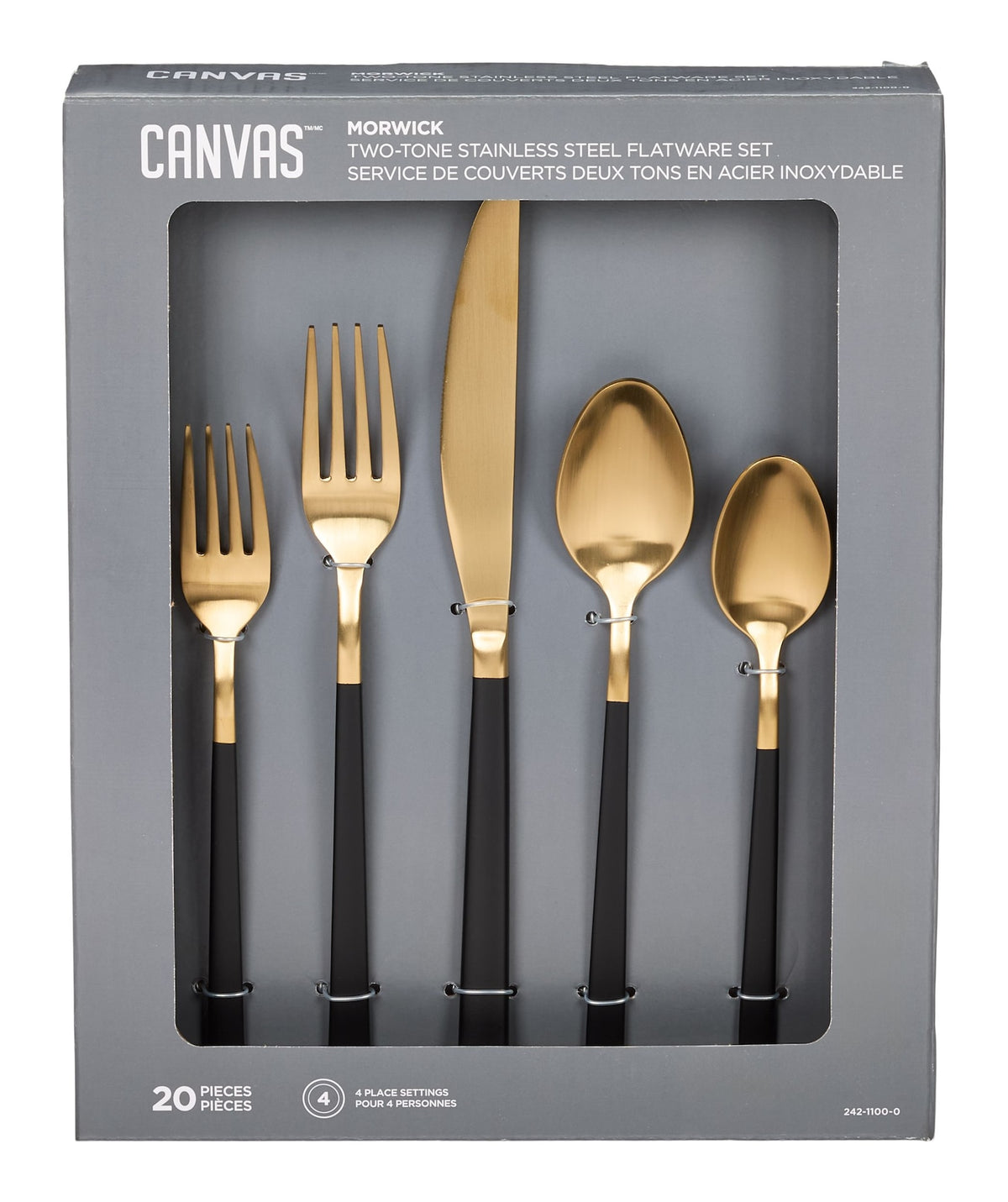 CANVAS Flatware Set, Serves 4, 20-pc, Black & Gold