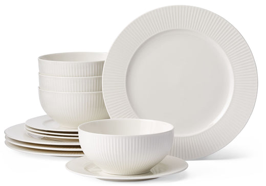 CANVAS Highbury Ribbed New Bone Dinnerware Set, Serves 4, 12-pc, White