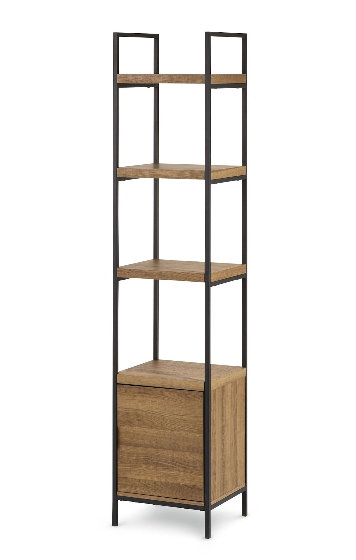 CANVAS Robson 4-Tier Metal Frame Narrow Bookcase With Storage Door, Oak Finish