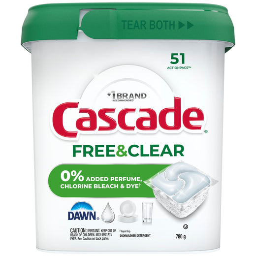 Cascade Free & Clear ActionPacs Dishwasher Detergent Pods, Unscented, 51-pk