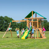 Mount Mckinley Cedar Wood Swing Set with Wave Slide, Play Deck, Double Rock Wall, Rope Ladder, Web Swing, Belt Swings, Toy Telescope, Steering Wheel, Sandbox Area, Outdoor Playset image 2