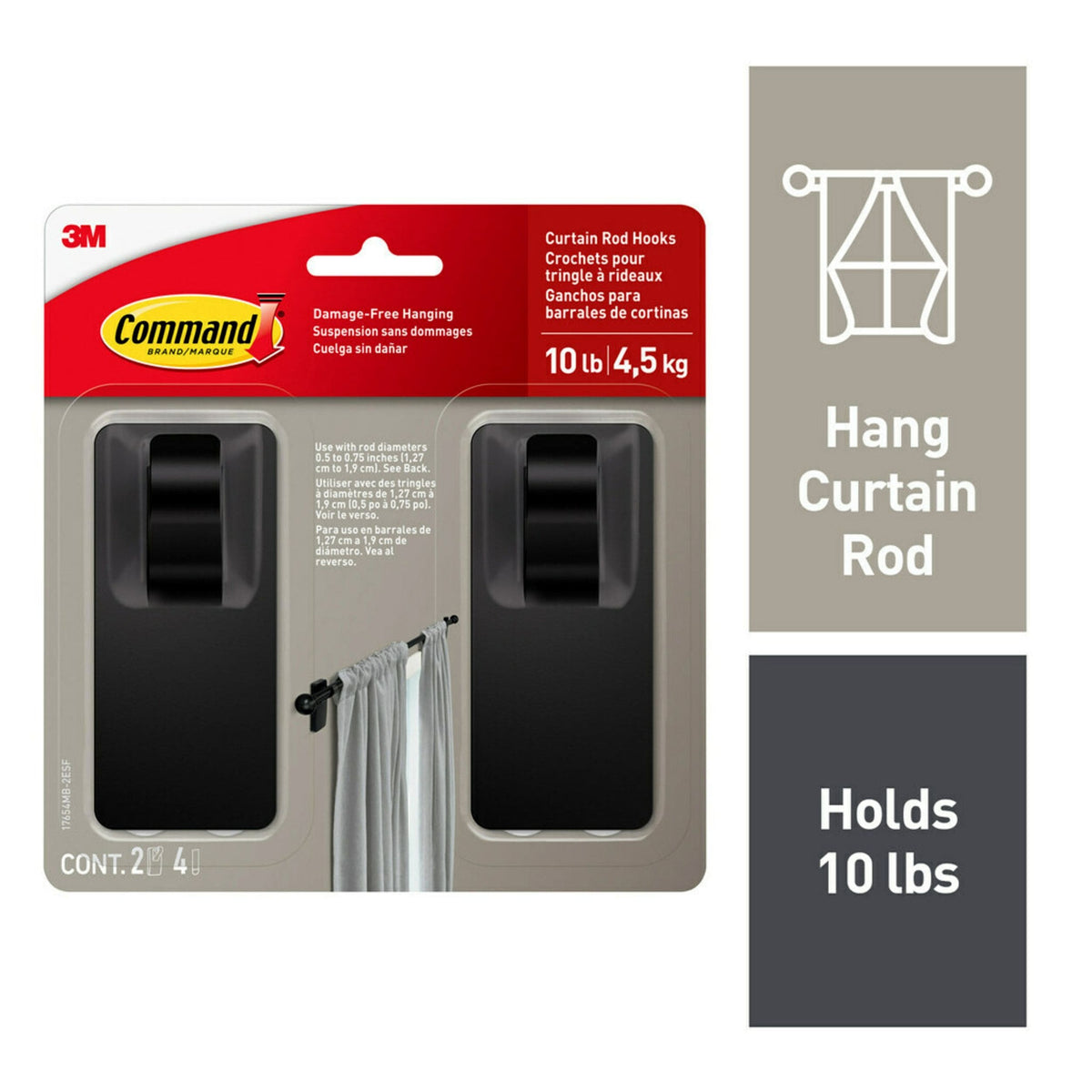 Command 2-Piece 10-lb Matte Black Damage Free Curtain Rod Hooks