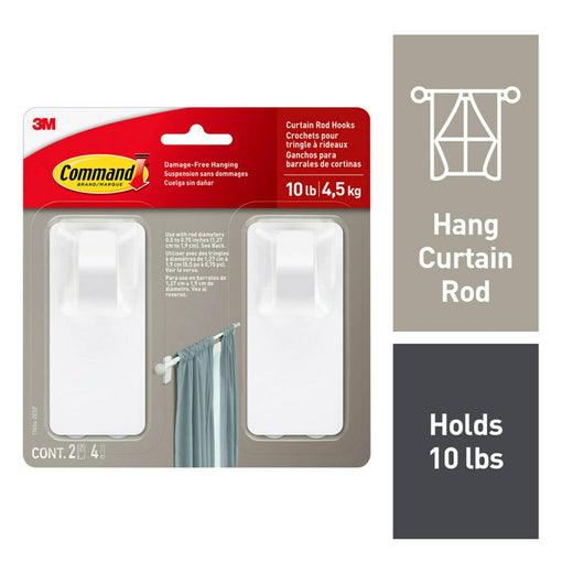 Command 2-Piece 10-lb Matte White Damage Free Curtain Rod Hooks