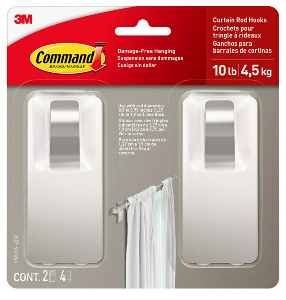 Command 2-Piece 10-lb Satin Nickel Damage Free Curtain Rod Hooks