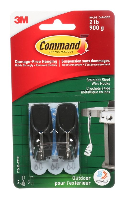 Command Adhesive Outdoor Wire Hooks with Adhesive Strips, Stainless Steel, 2-lbs, 2 Strips per Pack