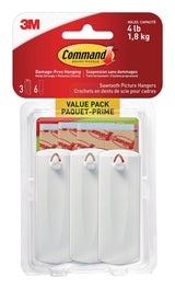 Command Adhesive Sawtooth Picture Hanging Hooks with Adhesive Strips, White, 4-lbs, 3 Strips per Pack