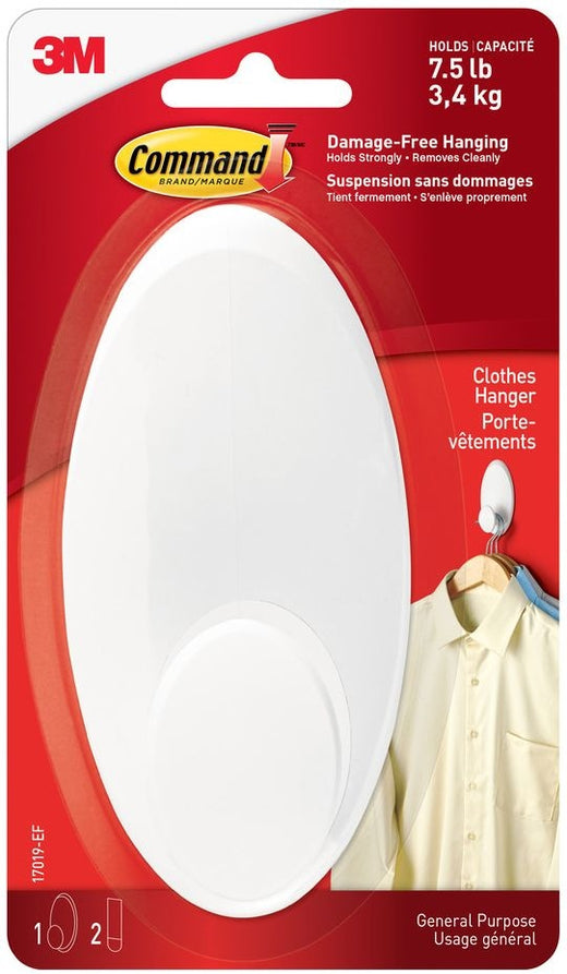 Command Large Clothes Hanger Organizing Hook with Adhesive Strips, White, 7.5-lbs, 1 Strip per Pack