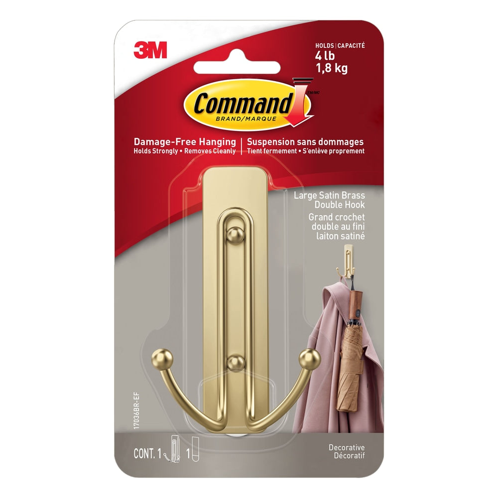Command Large Satin Brass Hook, 17036BR-EF | 1 Hook, 1 Strip per Pack