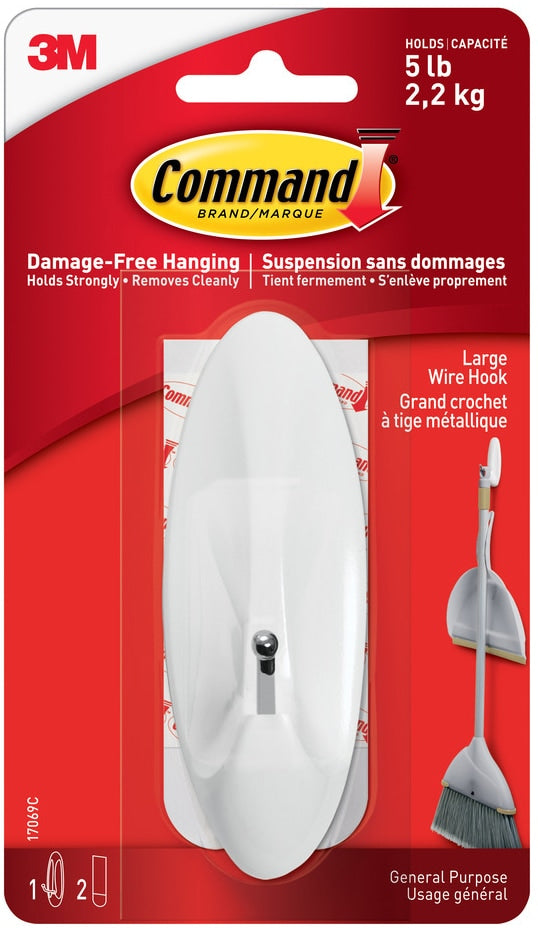Command Large Wire Hook with Adhesive Strips, White, 5-lbs, 1 Strip per Pack