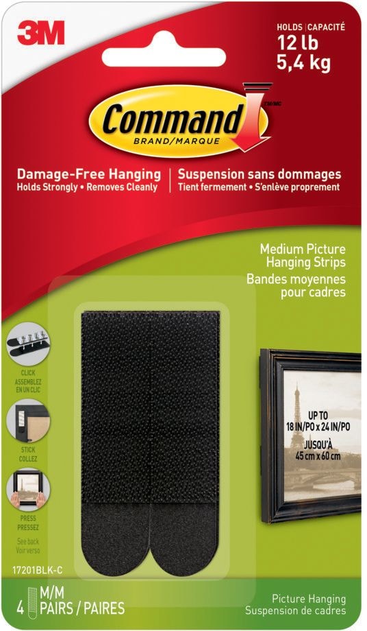Command Medium Adhesive Picture Hanging Strips, Black, 12-lbs, 4 Strips Per Pack