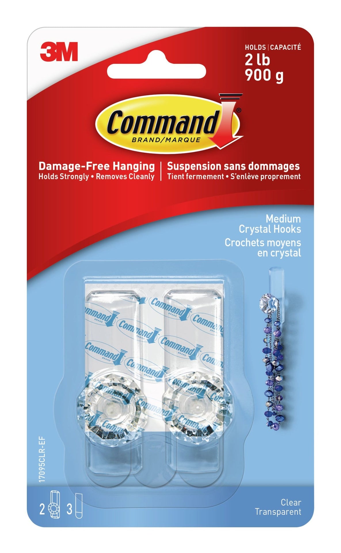 Command Medium Decorative Crystal Hooks with Adhesive Strips, Clear, 2-lbs, 2 Strips per Pack