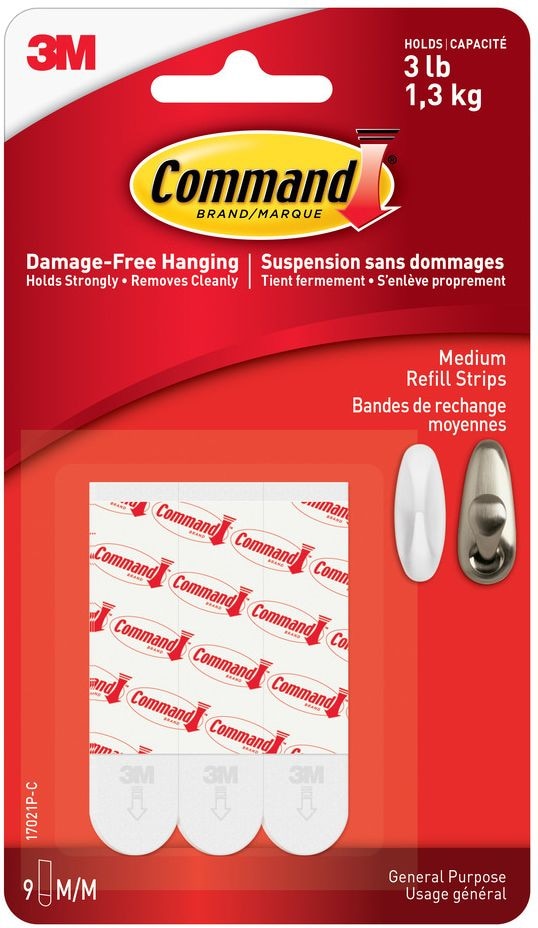 Command Medium General Purpose Refill Strips for Adhesive Hooks, White, 3-lbs, 9 Strips per Pack