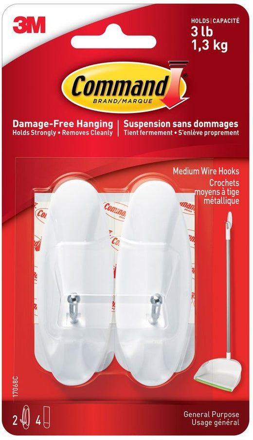 Command Medium General Purpose Wire Hooks with Adhesive Strips, White, 3-lbs, 2 Strips Per Pack