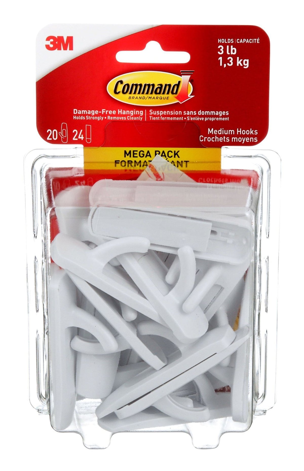 Command Medium Hooks Mega Pack with Adhesive Strips, White, 3-lbs, 20 Hooks/Pack