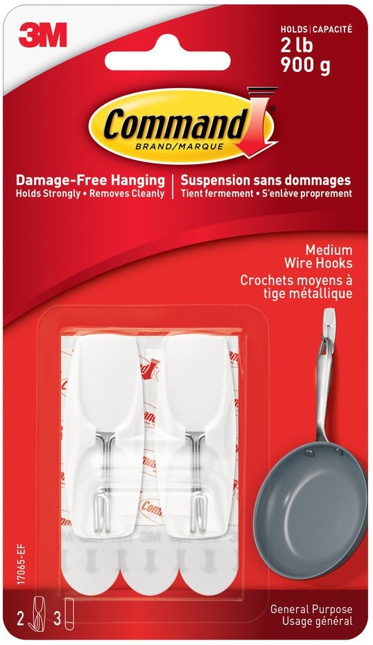 Command Medium Wire Toggle Hooks with Adhesive Strips, White, 2-lbs, 2 Strips per Pack