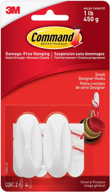 Command Small Designer Hooks with Adhesive Strips, White, 1-lb, 2 Strips per Pack