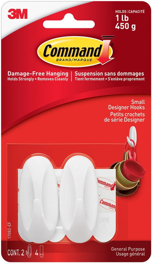 Command Small Designer Hooks with Adhesive Strips, White, 1-lb, 2 Strips per Pack