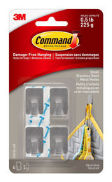 Command Small Stainless Steel Metal Hooks with Adhesive Strips, Silver, 0.5-lbs, 4 Strips per Pack