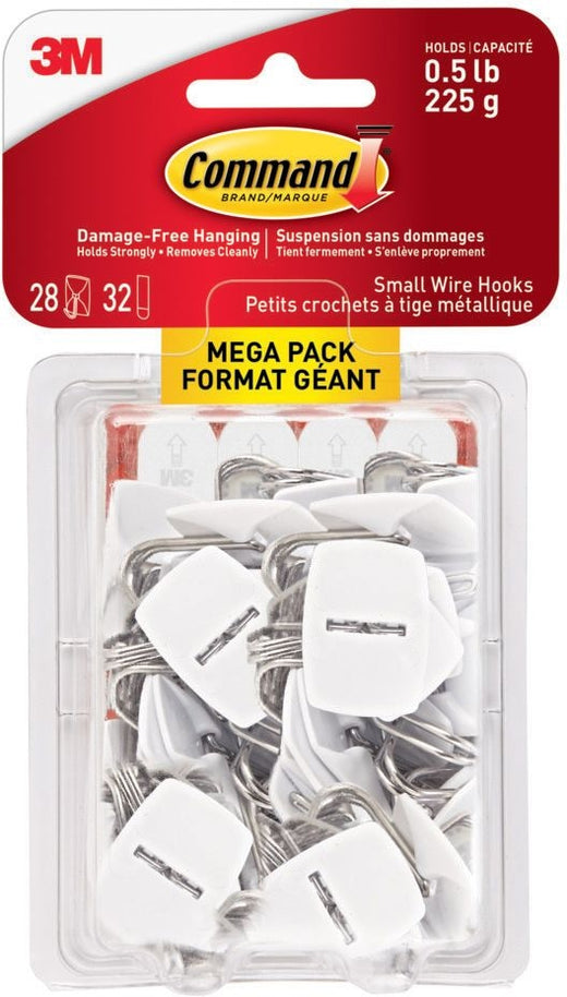 Command Small Utensils Wire Hooks Mega Pack with Adhesive Strips, White, 0.5-lbs, 28 Hooks/Pack