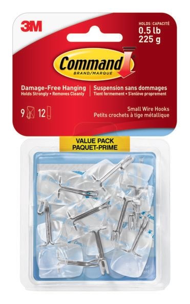 Command Small Wire Hooks Value Pack with Adhesive Strips, Clear, 0.5-lbs, 9 Strips per Pack