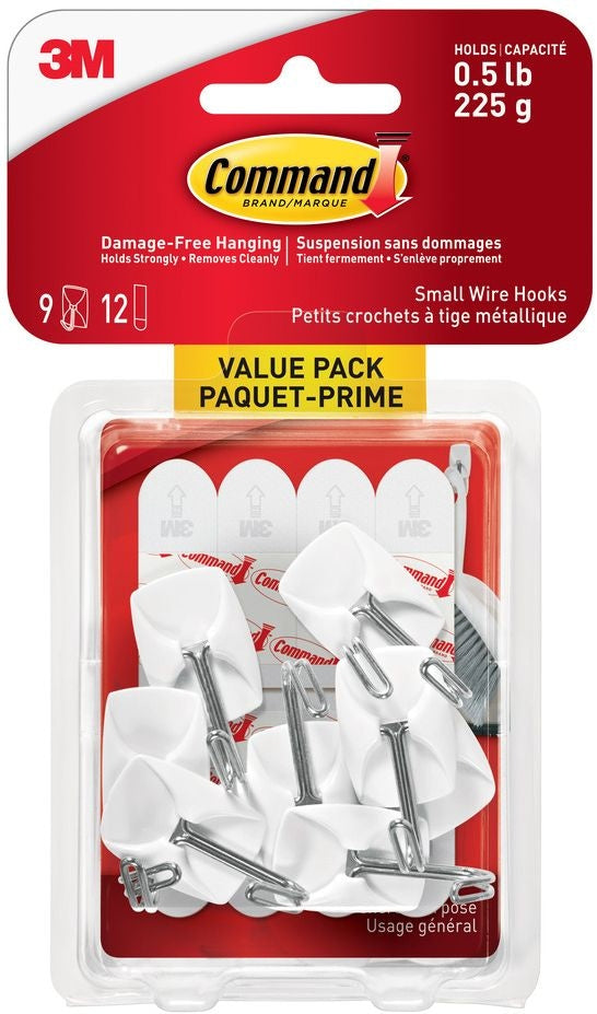 Command Small Wire Hooks Value Pack with Adhesive Strips, White, 0.5-lbs, 9 Strips per Pack