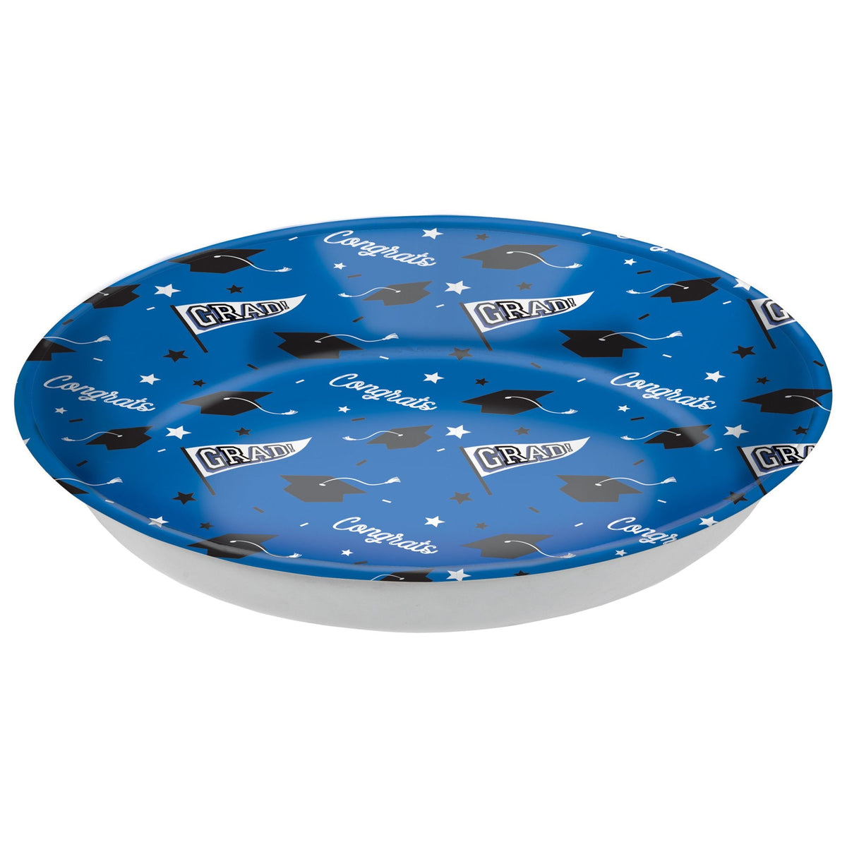 "Congrats Grad" Round Plastic Reusable Serving Bowl, Blue, 14-in, for Graduation