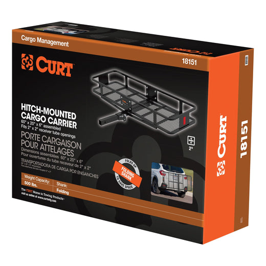 CURT 18151 60 x 20-Inch Basket Hitch Cargo Carrier, 500 lbs Capacity, Black Steel, 2-In Folding Shank