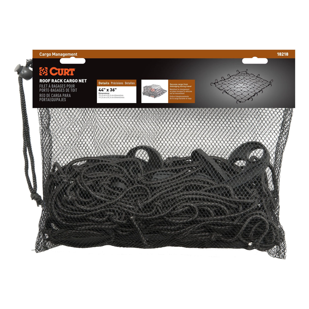 CURT 18218 Elastic Cargo Net with Hooks for Roof Basket, 44 x 36-in