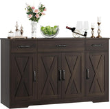 Drawer-equipped buffet-style cabinet, 55-inch large side cabinet-style storage unit with shelves and 4 doors, modern country-style coffee bar-style cabinet, wooden kitchen and dining room storage unit, white/rustic style image 3