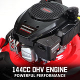 21-inch gas-powered lawn mower, equipped with a 144cc four-stroke all-terrain engine, featuring both crushing and side-discharge functions, with adjustable cutting height ranging from 6 positions. image 4