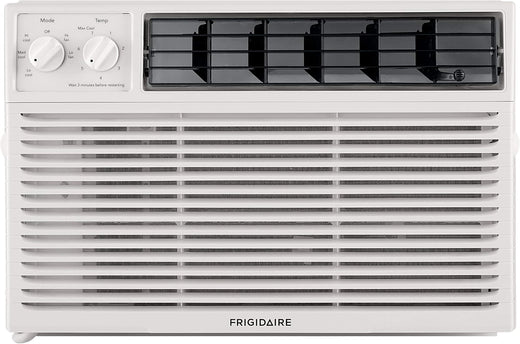 5000-watt window air conditioner, with a cooling area of 250 square feet, operates quietly, has easy and convenient temperature adjustment, 2 fan speeds, automatic restart function, and a white appearance